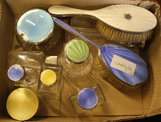 9 silver and enamel top jars and 2 brushes
